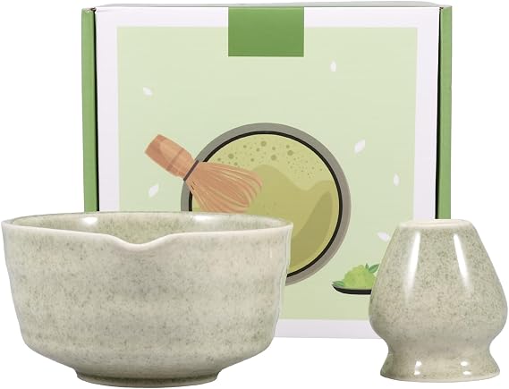 Matcha Whisk Set, 2PCS Matcha Whisk Set with Bow Includes 18OZ Bowl with Ceramic Chasen Stand, DIY Kits for Women Men Girl Ceremony, Tea Enthusiasts Lovers(Matcha Green)