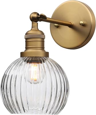 PERMO Antique Wall Sconces with Clear Ribbed Globe Glass Shade Vintage Gold Sconce Indoor Wall Mount Light Fixture for Loft Kitchen Living Room