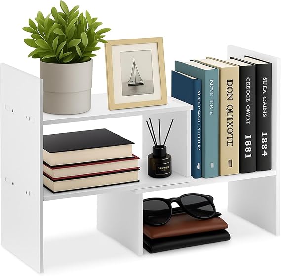 Desk Storage Expandable Wood Desktop Bookshelf Adjustable Desk Organizer, Freestanding Desk Storage Rack for Home Office (White)
