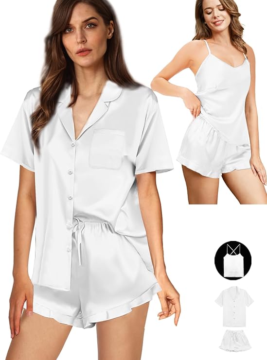 WJing Yi Jia Womens 3Pcs Satin Pajamas Set Ruffle Silk Pajama Sets XS-4XL Sexy Camisole Silky Sleepwear Loungewear Pj Sets