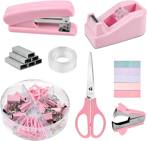 Pink Office Supplies Stapler and Tape Dispenser Set with Stapler,Tape Dispenser,Staple Remover,Staples,Clips,Scissor and Sticky Notes Pink Desk Accessories for Student School Home Home Desk