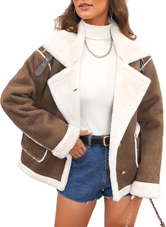 INVACHI Women's Faux Suede Jacket Fur Lined Sherpa Jacket Notch Lapel Button Down Winter Coat with Pockets