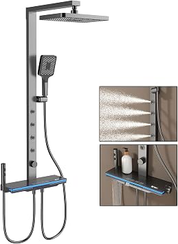 Thermostatic Shower System, Modern Piano Key Design, BSS0258 Exposed Shower Head Set, Digital Display, Waist Massage, 30x20cm Shower Faucet Sets Complete and Handheld, Waterfall Bathtub Faucet