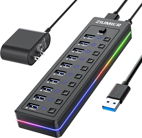 Powered USB Hub, 10-Port USB Splitter with RGB LED Strip | 5Gbps Data Transfer,Individual LED On/Off Switches and 12V/2A Power Adapter for Laptop, PC, Mouse, Keyboard, Hard Drive