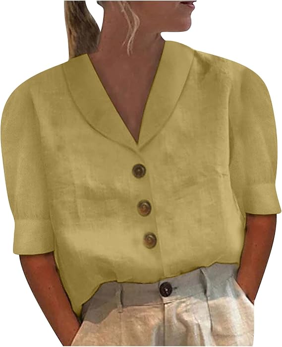Ceboyel Women Button Down Tunic Shirts Cotton Linen Short Sleeve Solid Blouse Tops Dressy Casual Business Work Clothes 2023