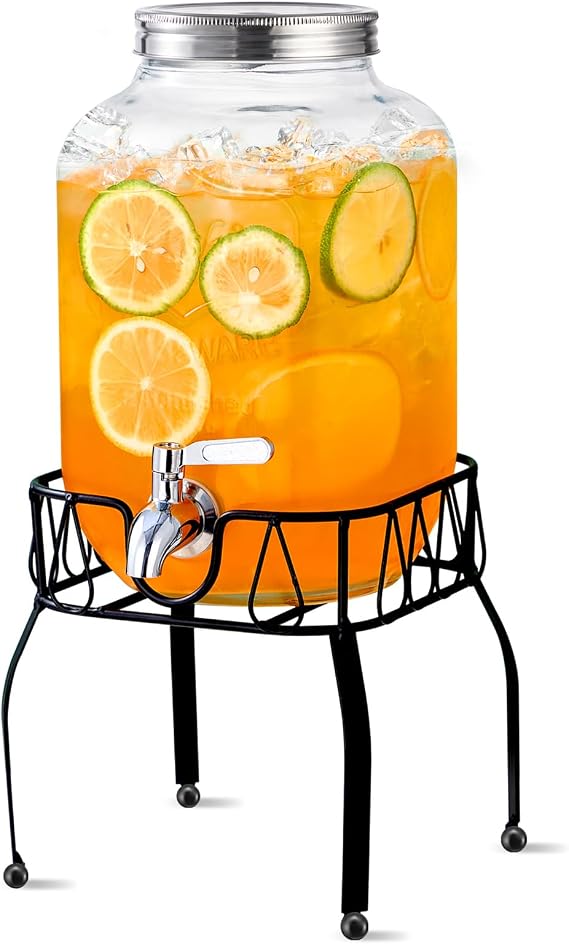 Glass Mason 1 Gallon Beverage Dispenser with Stand, Stainless Steel Spigot and Lid for Parties, Lemonade, Sun Tea