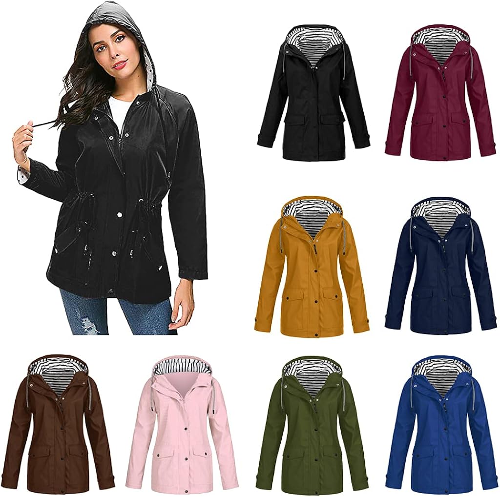Fall Solid Rain Hooded Jacket for Women Fashion Lightweight Raincoat Outdoor Waterproof Coat Windbreaker Outwear