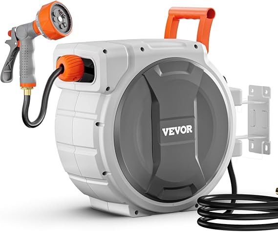 VEVOR Retractable Garden Hose Reel, 5/8 Inch x 100 ft Wall Mounted Hose Reel, Heavy Duty Garden Hose Reel with 9 Patterns Nozzle, Any Length Lock, Upgraded Slow Return System and 180Swivel Bracket
