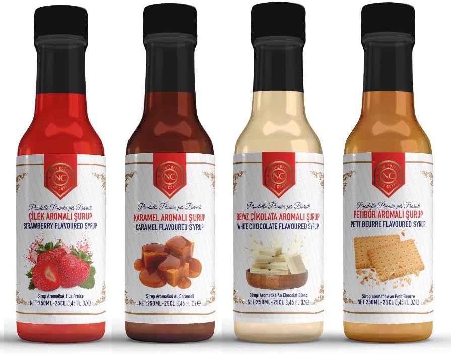 Nish Coffee Strawberry, Caramel, White Chocolate, Petibor Flavored Syrup Set of 4 4x250 Milliliters