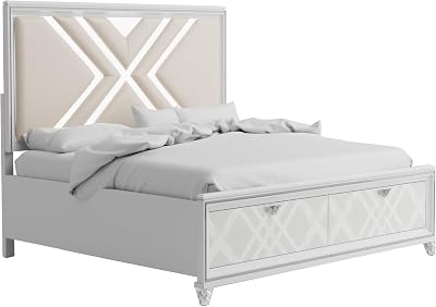 HOMES: Inside  Out Quasar Solid Wood Queen-Size Platform Bed with LED Light, Padded Headboard and Footboard Drawers, No Box Spring Required for Bedroom, Guest Room, White