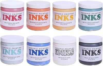AMACO Ceramic Printing Inks 8-Count Class Pack, 8 Assorted Colors in 8 oz. 236 mL Jars, Matte Cone 05-10 Mixable Ink Ceramic Inks for Screenprinting and Monoprinting on Bisque and Unfired Clay