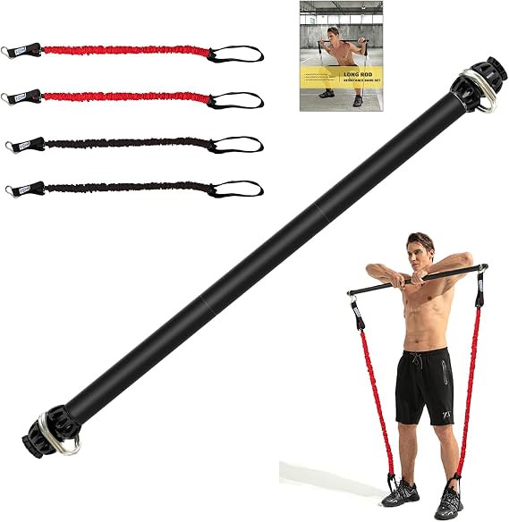 Resistance Band Bar, Portable 43 Inch Pilates Bar with Resistance Bands Home Gym Workouts Stick Squat Yoga Pilates Flexbands Kit for Full Body Shaping