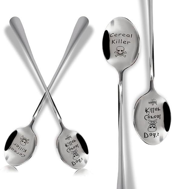 2 Packs Stainless Steel Cereal Killer Spoon Scoop Coffee Spoons, Real Deal for Cereal Lover Reusable Tea spoons Dessert Spoons Ice Cream Fruit Spoon for Home Party Restaurant Party Supplies (Silver)