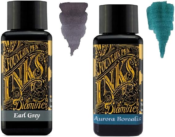Diamine Fountain Pen Ink 30ml - 2 x Bottles - Earl Grey & Aurora Borealis