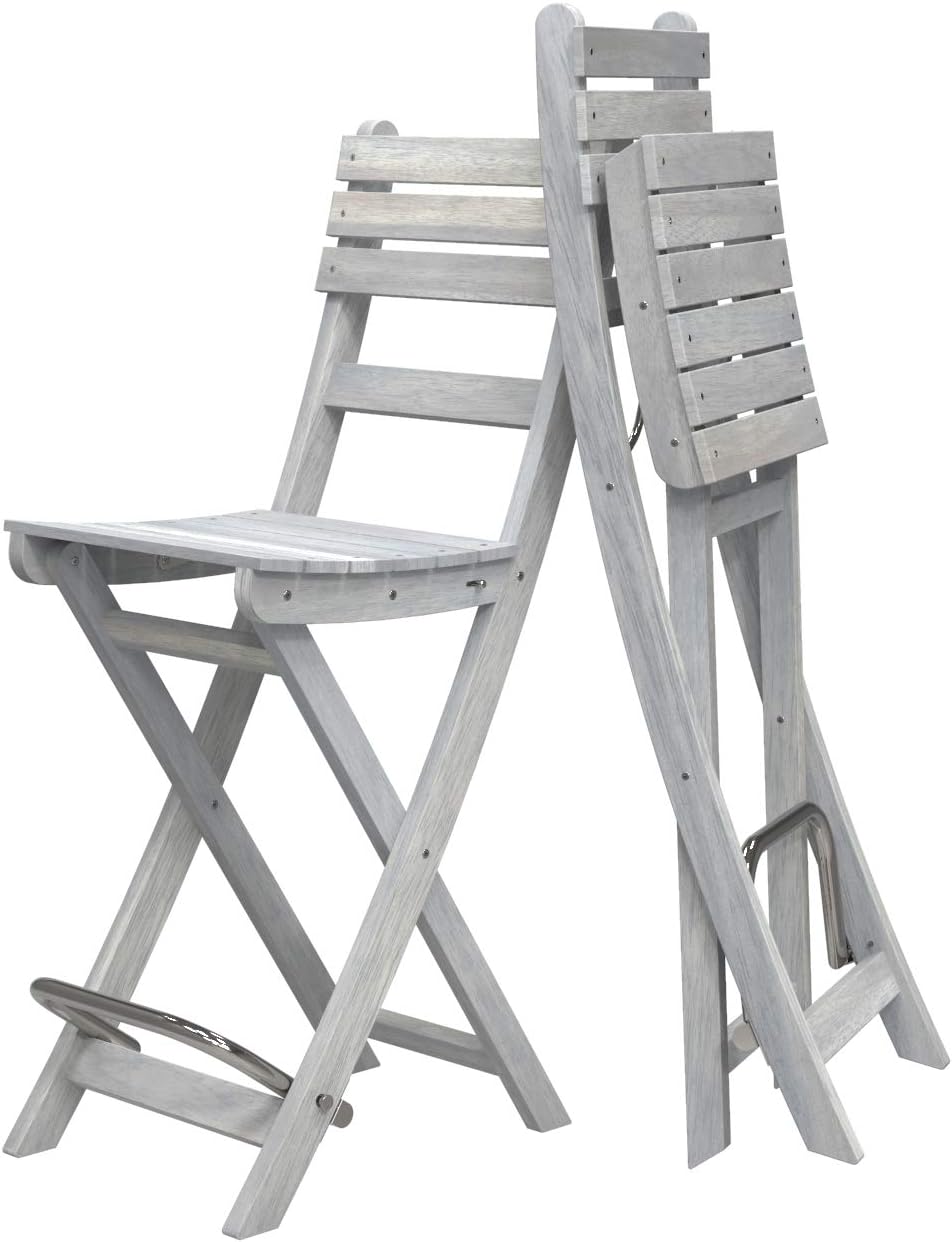 INTERBUILD REAL WOOD Acacia Hardwood Foldable Sofia Bar Height Chair with Foot Rest, 26 Tall, 2 Piece Set - Dusk Grey