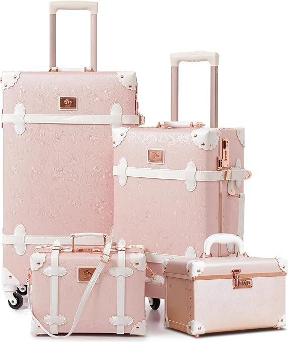 urecity Vintage Luggage Sets of 3 Piece - Hardside Lightweight Spinner Suitcases - Retro Travel Set includes Under Seat Train Case, Cosmetic Train Case, Elegant Pink