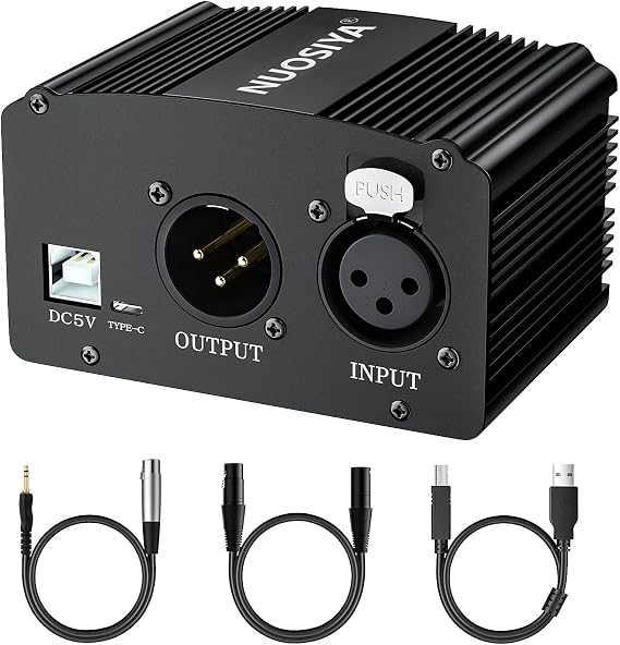 Phantom Power Supply Set, NUOSIYA 1-Channel 48V Phantom Power Supply with USB Cable/3.5mm to XLR Cable 6 Ft/XLR Cable 6 Feet for Any Condenser Microphone Music Recording Equipment (1F1M-B)