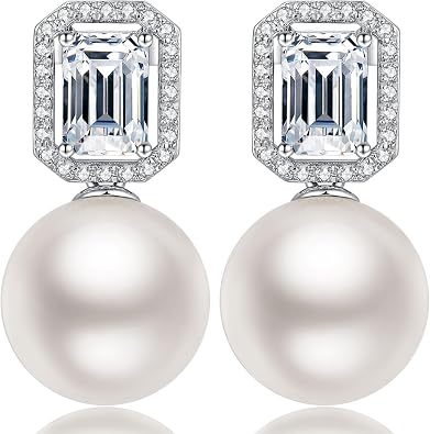 Jiamiaoi Large Pearl Earrings 925 Sterling Silver Pearl Earrings with Cubic Zirconia in White/Gray Colors, Come with Gift Box