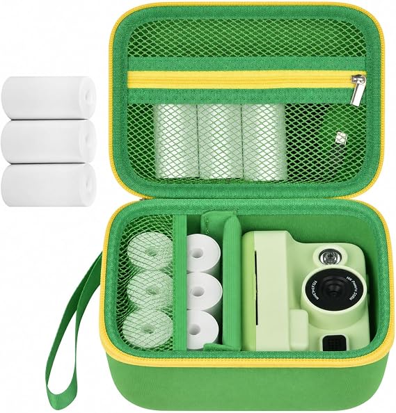 Kids Instant Print Camera Case for Dylanto for ESOXOFFORE for DUDUDRAGON | 3 Paper Rolls Included, Mesh Pocket, Shoulder Strap, Thermal Paper Storage, Case Only, For Kids Families & Trips, Green