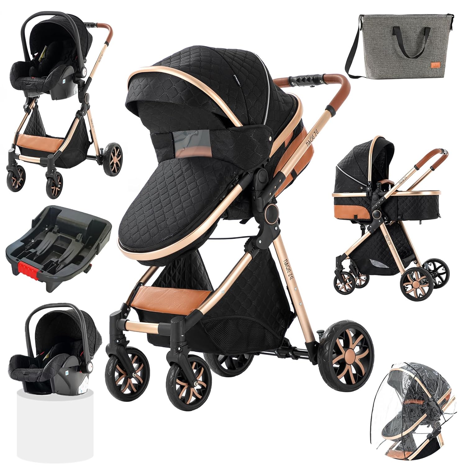 3 in 1 Baby Travel System Baby Pram Standard Baby Stroller Baby Travel Carriage Portable Folding Baby Prams Aluminium Frame High Landscape Car for Newborn V9UD Black-65