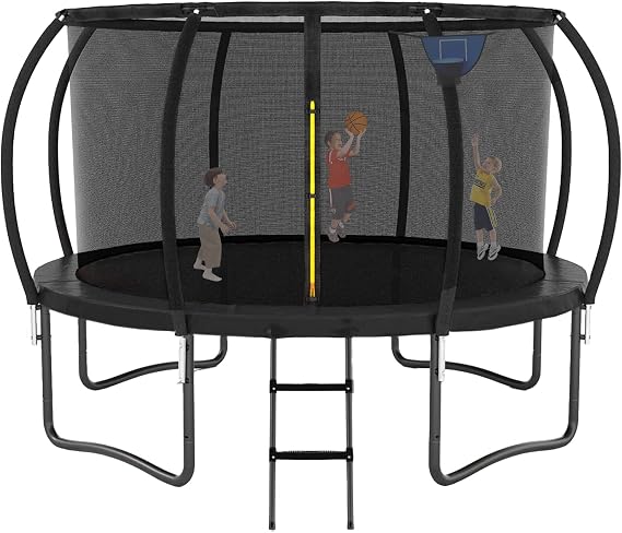 14FT Trampoline, Outdoor Trampolines with Basketball Hoop, Enclosure Net Curved Poles and Ladder, 400LBS Heavy Duty Trampoline for Kids and Adults Anti-Rust Coating, ASTM Approval