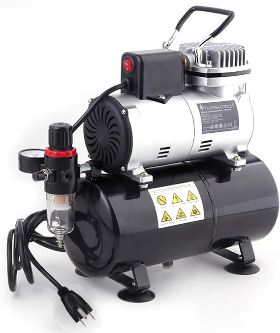 Timbertech Upgraded Airbrush Single-Piston Oil-free Mini Compressor ABPST08 with Cooling Fan, 3L Tank, Regulator, Moisture trap for Hobby, Body Tattoo, Model Painting, Automotive Graphic, Make-up
