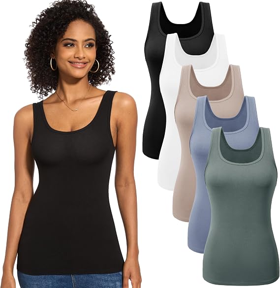 TVKSOM 5 Pack Basic Ribbed Tank Tops for Women Layering Undershirts