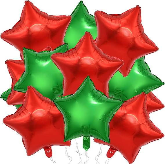 Red and Green Star Foil Balloons, 10 Pcs 18 Inch Stars Shape Foil Mylar Balloons for Birthdays, Weddings, Baby Showers Christmas Decorations