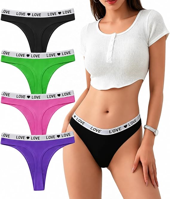 Cotton Thongs for Women 4 Pack, No Show Seamless Low Rise T-Back Underwear with Wide Waistband, Soft Thong Panties