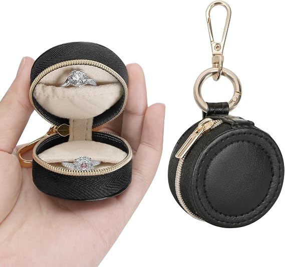 KUKUVR Jewelry Ring Holder Box with Keychain, Portable Gym Jewelry Storage Box Case, Small Travel Ring Earring Stud Necklace Storage Case (Black)