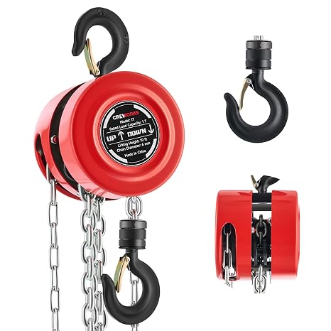 CREWORKS Hand Chain Hoist, 1 Ton 2200 lb Capacity 10 ft Manual Chain Hoist with G80 Load Chain & Galvanized Hand Chain, Heavy Duty Manual Lever Hoist for Construction Warehouse Automotive Factory