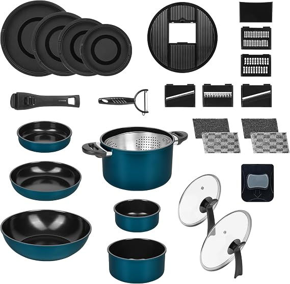 Genius Kelton 31-Piece Pan Set Cookware with Lid and Removable Handles Includes Clia Genie Foam Sponges Non-Stick Pans Pots Set with Vegetable Cutter Oven-Safe