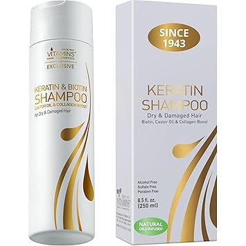 VITAMINS hair cosmetics Keratin Shampoo Sulfate Free - Hair Treatment for Dry Damaged Hair - Biotin and Collagen Shampoo with Castor Oil for Curly, Wavy or Straight Locks - 8.5 Fl Oz