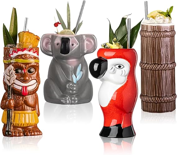 Tiki Mugs for Cocktail Set of 4 - Large Ceramic Tiki Cups,Tiki Glasses Cute Exotic Cocktail Glasses, For Hawaiian Party And Tiki Bar