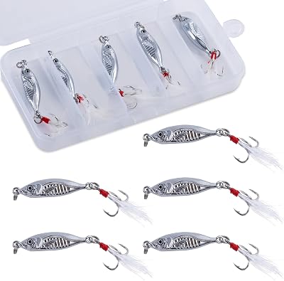 Goture Fishing Jigs,Zinc Alloy Vertical Jig Freshwater Saltwater,7g-30g Jig Fishing Lures with Treble Hook and Feather, 5PCS Fishing Jigging Spoon Lures with Tackle Box for Tuna,Salmon,Bass,Trout