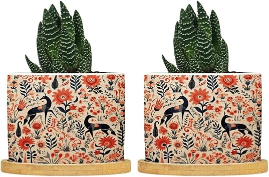 Horse and Floral Ceramic Planters Chinoiserie Coral and Pink Planters for Indoor Plants with Drainage Holes and Saucers Pot for Succulents Cactus Garden Windowsill