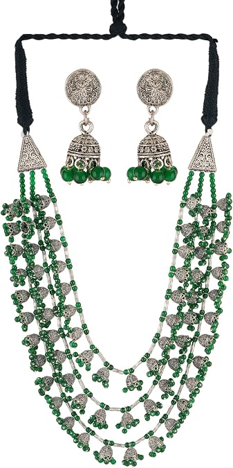 Jwellmart Beaded Statement Chunky Necklaces For Women Multi Strand Colorful Bead Oxidised Silver Layered Bib Indian Necklace Fashion Jewelry Costume Earring Set