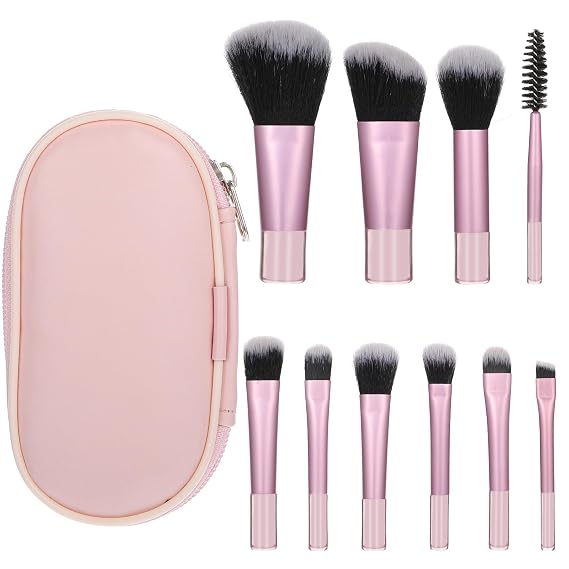 10 PCS Mini Travel Makeup Brushes Set, Pink Portable Full Complete Function Cosmetic Kit with Brush Pouch Professional Makeup Brush Set for Women Girls Brush Blush Powder Eye Shadow