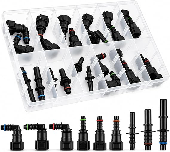 24 PCS Fuel Line Quick Connector Set, 9 Sizes Fuel Hose Fittings Adapters Kit SAE 9.89mm 9.49mm 7.89mm, Assorted Fuel Line Quick Connector Kit for Automotive Motorcycle
