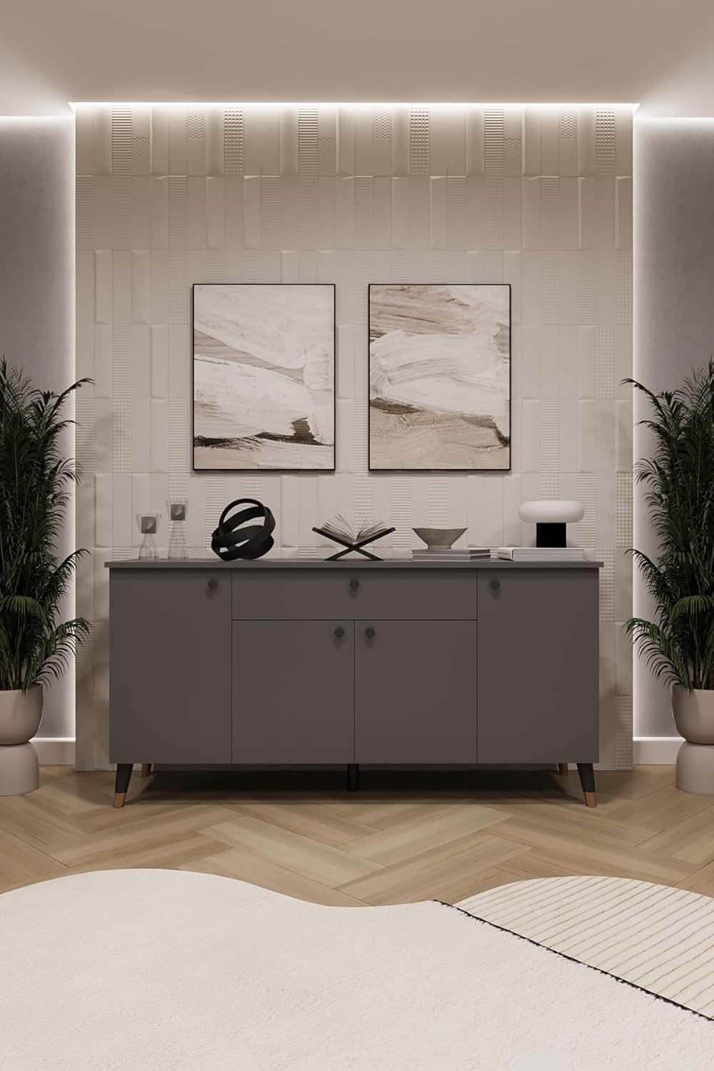 ASRA TREND Lüks Konsol TV Ünitesi%100 MDF Salon ve Yemek Odası Ünitesi KNSL-03 Koyu Gri 160x80x45 cm 1 Çekmeceli 4 Kapaklı Modern Büfe