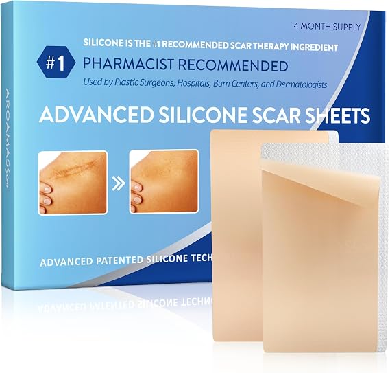 Aroamas Scar Silicone Scar Tape - Medical-Grade Silicone Scar Sheets to Help Improve the Appearance of Scars and Scratch Marks, Reusable for Face & Body [3" x 1.57", 8 Sheets]