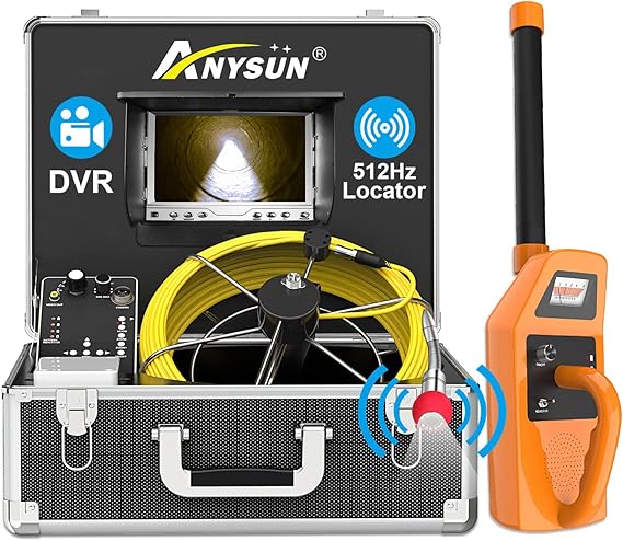 Anysun Sewer Inspection Camera with Locator, 165ft Pipe Camera with 512Hz Sonde Transmitter and Receiver, IP68 Waterproof Industrial Plumbing Endoscope Drain Snake Cam with 7" LCD Monitor