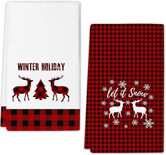 JOOCAR Red Deer Kitchen Towels Christmas Dish Towels Set of 2, 16x27 Inch Seasonal Witner Holiday Drying Dishcloth, Red Buffalo Plaid Decoration Hand Towels for Kitchen Bathroom