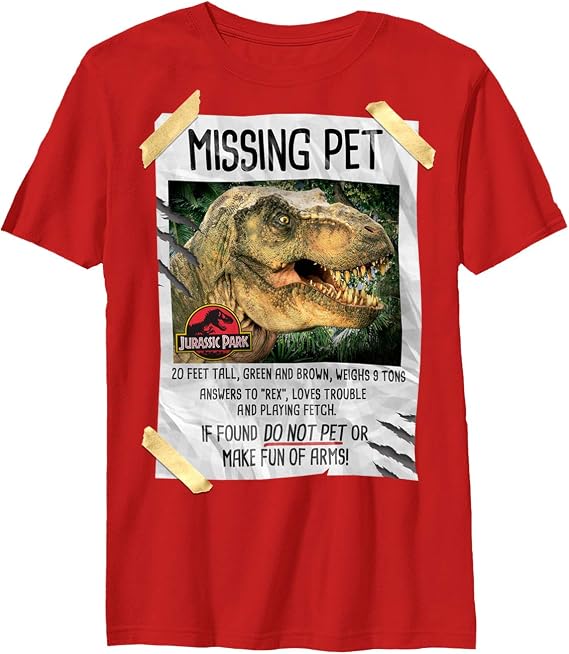 Jurassic Park Boy's T. Rex Missing Pet T-Shirt - Red - Large