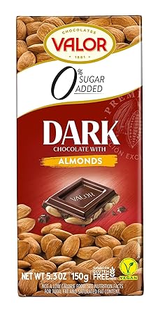 Valor. Dark Chocolate with Mediterranean Almonds. No sugar added. 150g 5.29oz. Pack of 2.