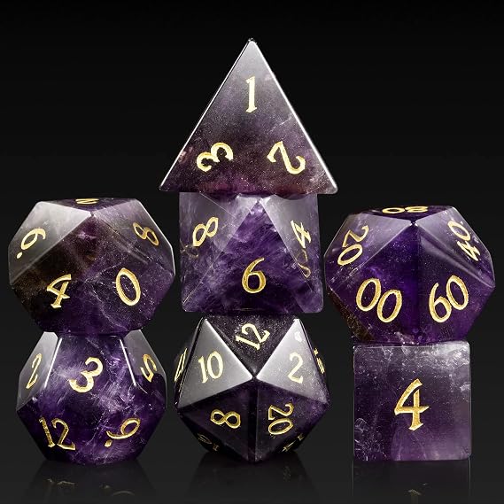 DNDND Amethyst Crystal DND Dice Set 7 PCS Gemstone D&D Dice with Gorgeous Gift Case for Dungeons and Dragon Tabletop Game (Amethyst)
