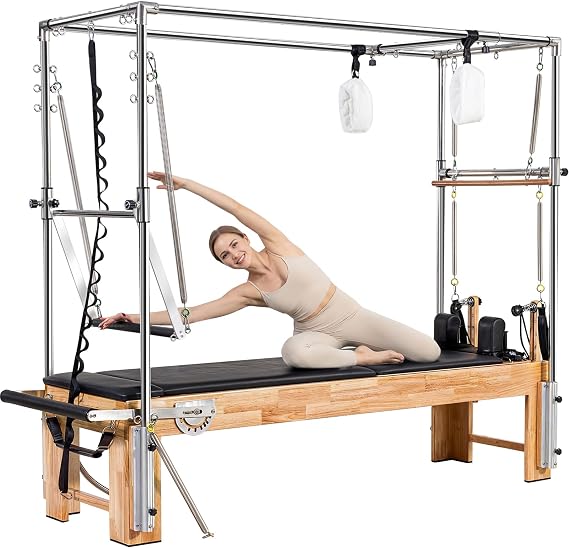 Pilates Reformer Machine, Studio Grade Reformer Pilates with Cadillac Trapeze Tower & Mat, Quick Assembly Pilates Equipment, Includes Sitting Box, Jump Board for Home and Studio Use