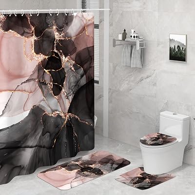 Seorsok Pink Gold Marble Shower Curtain Sets 4 Piece with Rugs,Black Pink Gold Bathroom Sets with Shower Curtain and Rugs and Accessories, Modern Bathroom Decor with Bath Mats and 12 Plastic Hooks