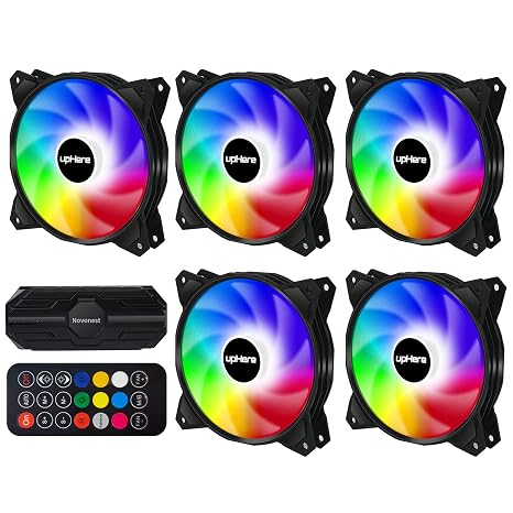 UpHere 120mm ARGB PC Case Fan 5V 3PIN ARGB Silent Type 6PIN Fan Hub + Remote Control 5 Pack PF1206-5