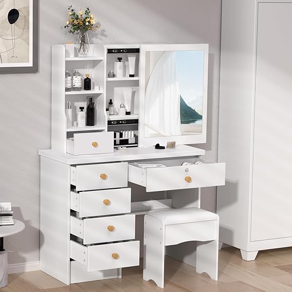 Vanity Desk with Mirror, Makeup Table with Drawers,Storage Stool, for Bedroom,Vanity Mirror with Sliding Mirror and Table Set with 6 Drawers, Dressing Table for Bedroom